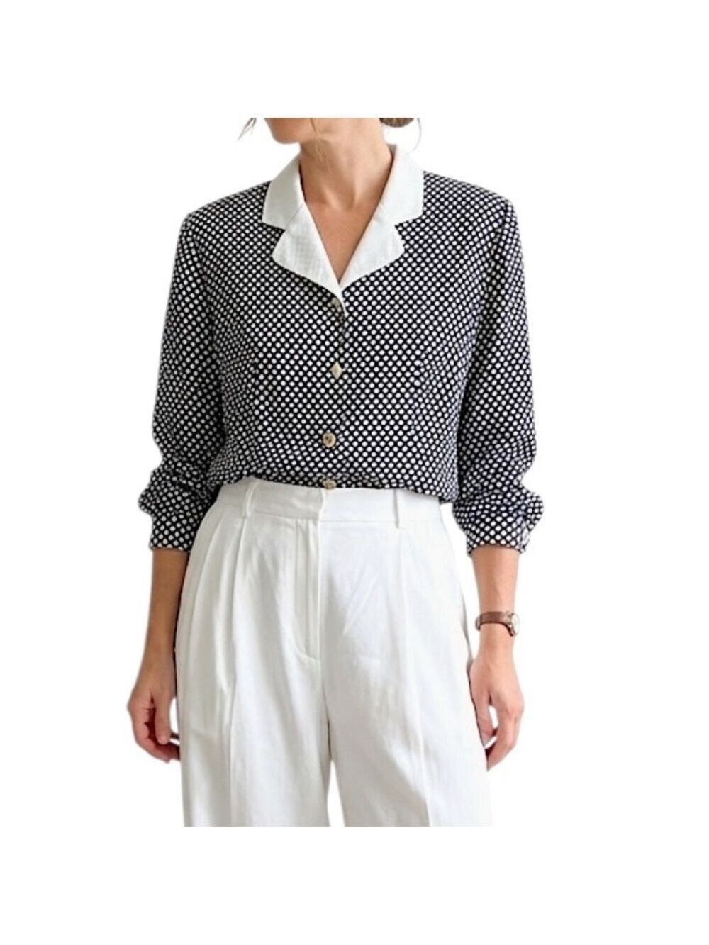 Vintage 80s 90s blue white polka dot padded shoulder old money blouse 11